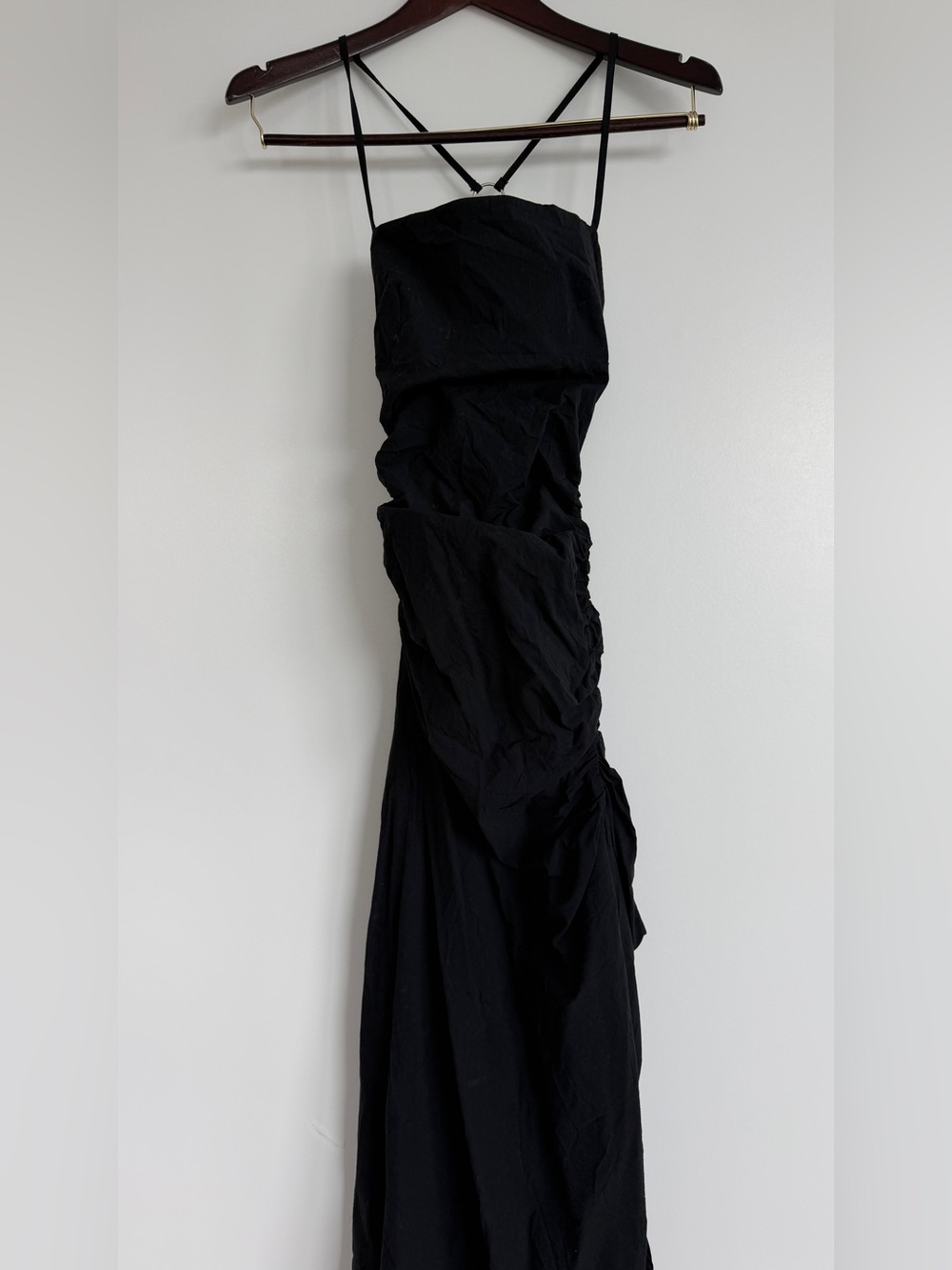 Zara Black Ruched Maxi Dress with Spaghetti Straps